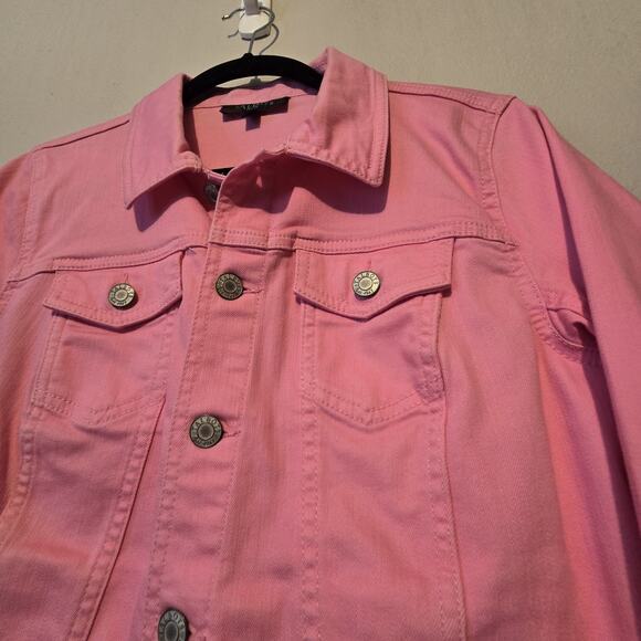 Talbots Denim Trucker Jacket Womens Petite MED Pink Pockets Classic Stretch - Picture 2 of 9